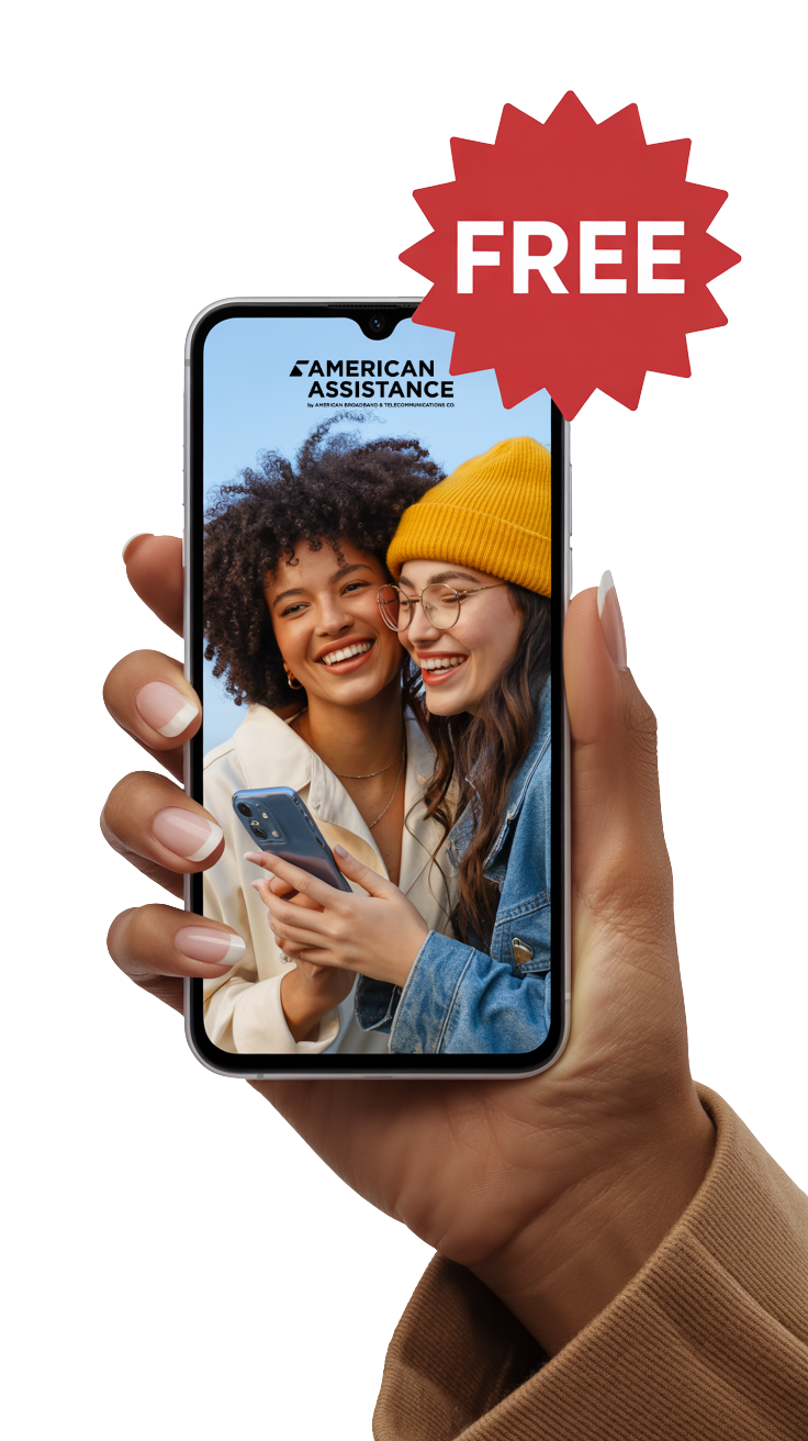 Hand holding a smartphone displaying the American Assistance logo