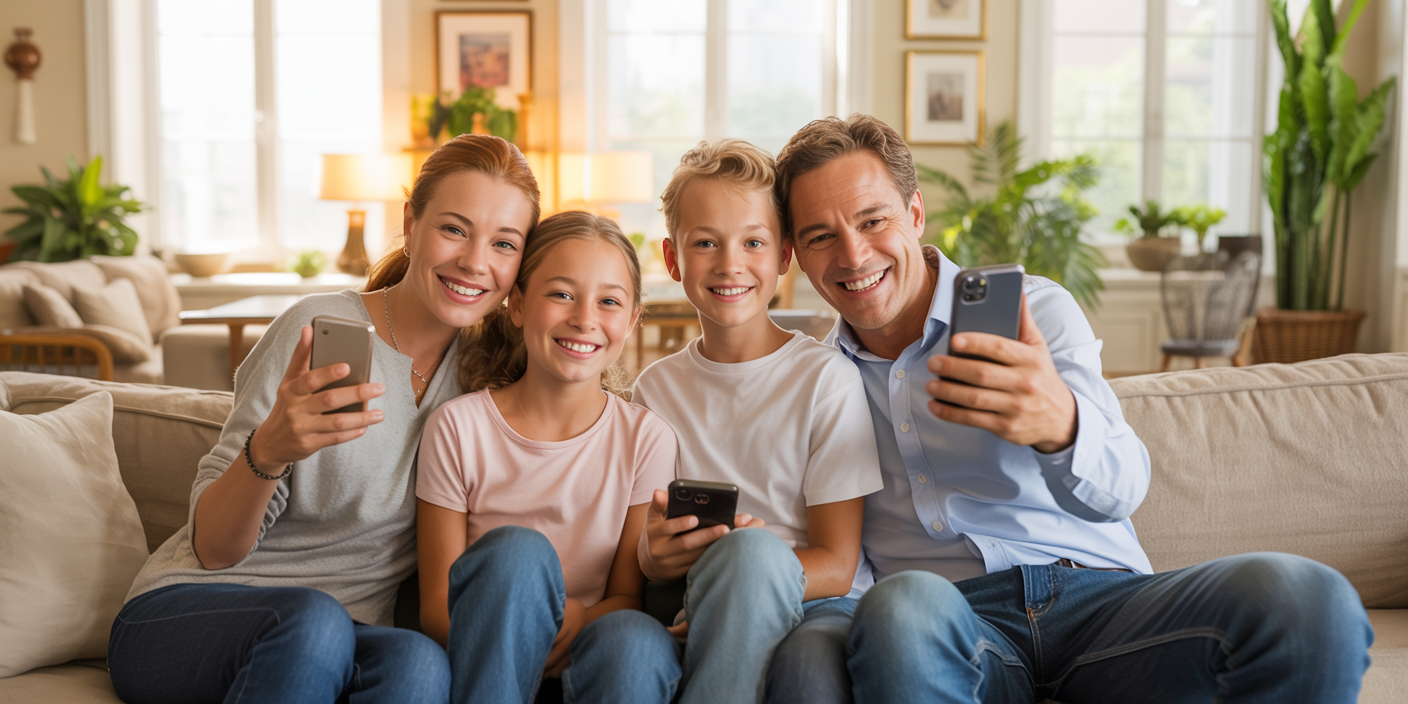 Family using their mobile phones together