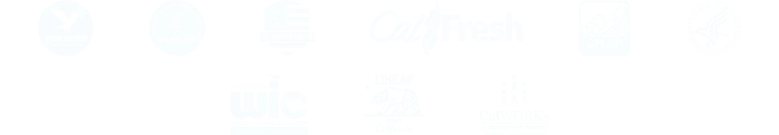 Logos of qualifying government assistance programs like SNAP, Medicaid, SSI, and WIC